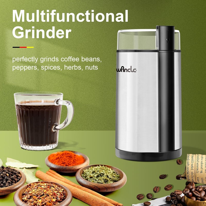 wancle Coffee Grinder, Electric Coffee Grinder, Quiet Spice Grinder, One Touch Coffee Mill for Beans, Spices and More, with Clean Brush, Stainless Steel - Image 2